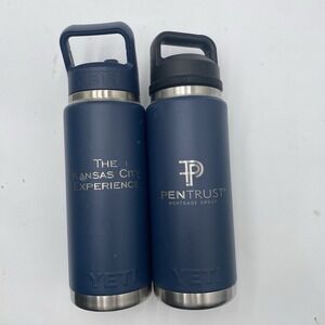 Lot Of 2 Yeti Rambler 26 OZ Bottle Blue Chug Cap SEE PICS SHOWS WEAR Engraved